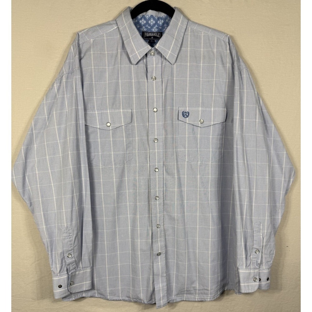 Panhandle Western Shirt Mens XL Pearl Snap Blue Plaid Cowboy Long Sleeve